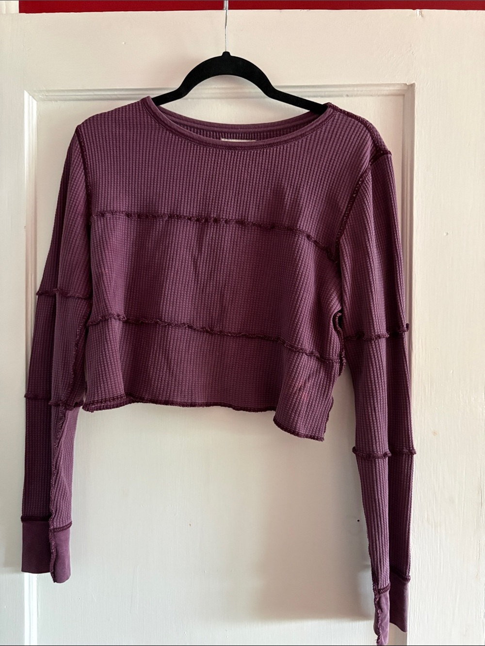 Urban Outfitters Plum Cropped Waffle Knit Long-Sleeve Top